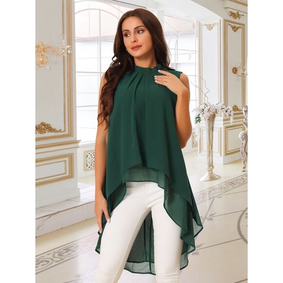 Casual Tie Back Asymmetrical Sleeveless Mock Neck Flowy Blouse Tops Dark Green - Picture 4 of 6